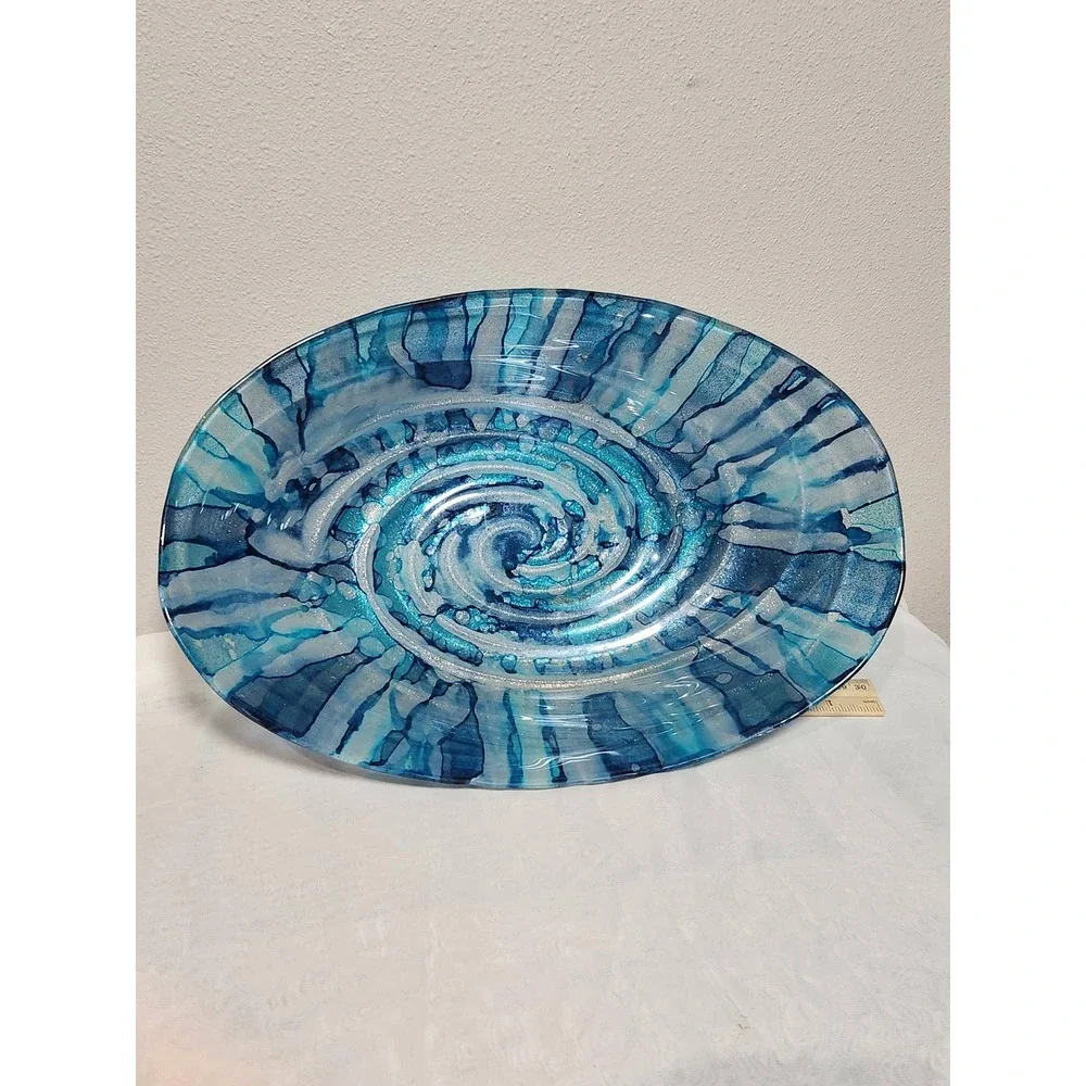 Blue Swirl Art Glass Centerpiece Bowl Oval Decorative Fused Glass Dish 12 Inch